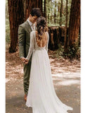 A-Line Wedding Dresses Sweep / Brush Train Boho Country Long Sleeve Jewel Neck Lace With Pleats Appliques 2023 Bridal Gowns