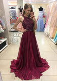 Chiffon Court Train A-Line/Princess Sleeveless Halter Zipper Prom Dress With Beaded - dennisdresses