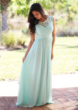 Chiffon Long/Floor-Length A-Line/Princess Sleeveless Bateau Zipper Prom Dress With Appliqued - dennisdresses