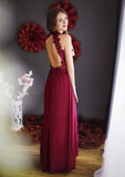 Chiffon Long/Floor-Length A-Line/Princess Sleeveless Halter Zipper Prom Dress With Appliqued - dennisdresses