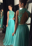 Chiffon Prom Dress A-Line/Princess High-Neck Sweep Train With Appliqued Beaded - dennisdresses