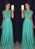 Chiffon Prom Dress A-Line/Princess High-Neck Sweep Train With Appliqued Beaded