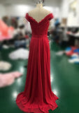 Chiffon Sweep Train A-Line/Princess Sleeveless Off-The-Shoulder Zipper Prom Dress With Side Split - dennisdresses