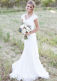 Chiffon Sweep Train Sheath/Column Sleeveless V-Neck Covered Button Wedding Dress With Appliqued - dennisdresses