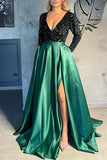 A-Line Celebrity Style Sparkle Sexy Party Wear Prom Dress V Neck Long Sleeve Sweep / Brush Train Satin with Slit Splicing 2023