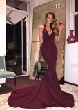 Elastic Satin Court Train Trumpet/Mermaid Sleeveless V-Neck Zipper Prom Dress - dennisdresses