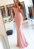 Elastic Satin Long/Floor-Length Sheath/Column Sleeveless Off-The-Shoulder Zipper Prom Dress With Lace