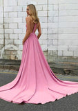 Elastic Satin Prom Dress A-Line/Princess High-Neck Chapel Train With Pleated - dennisdresses