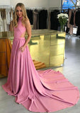 Elastic Satin Prom Dress A-Line/Princess High-Neck Chapel Train With Pleated - dennisdresses