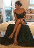 Elastic Satin Prom Dress A-Line/Princess Off-The-Shoulder Sweep Train With Side Split Lace - dennisdresses