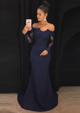 Elastic Satin Prom Dress Sheath/Column Off-The-Shoulder Court Train With Lace - dennisdresses