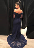 Elastic Satin Prom Dress Sheath/Column Off-The-Shoulder Court Train With Lace - dennisdresses