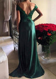 Elastic Satin Prom Dress Sheath/Column Off-The-Shoulder Sweep Train With Lace - dennisdresses