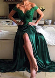 Elastic Satin Prom Dress Sheath/Column Off-The-Shoulder Sweep Train With Lace - dennisdresses