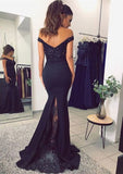 Elastic Satin Prom Dress Trumpet/Mermaid Off-The-Shoulder Sweep Train With Lace - dennisdresses