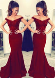 Elastic Satin Prom Dress Trumpet/Mermaid Off-The-Shoulder Sweep Train With Lace - dennisdresses