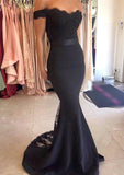 Elastic Satin Prom Dress Trumpet/Mermaid Off-The-Shoulder Sweep Train With Lace - dennisdresses