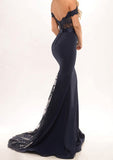 Elastic Satin Prom Dress Trumpet/Mermaid Off-The-Shoulder Sweep Train With Lace - dennisdresses