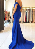 Elastic Satin Prom Dress Trumpet/Mermaid Off-The-Shoulder Sweep Train With Pleated - dennisdresses