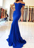 Elastic Satin Prom Dress Trumpet/Mermaid Off-The-Shoulder Sweep Train With Pleated - dennisdresses