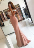 Elastic Satin Prom Dress Trumpet/Mermaid V-Neck Sweep Train With Lace - dennisdresses