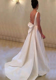 Elastic Satin Sweep Train A-Line/Princess Sleeveless Bateau Zipper Wedding Dress With Bowknot - dennisdresses