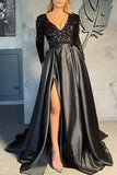 A-Line Celebrity Style Sparkle Sexy Party Wear Prom Dress V Neck Long Sleeve Sweep / Brush Train Satin with Slit Splicing 2023