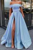 A-Line Minimalist Sexy High Split Engagement Prom Dress Off Shoulder Sleeveless Floor Length Satin with Slit 2023