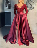 A-Line Celebrity Style Sparkle Sexy Party Wear Prom Dress V Neck Long Sleeve Sweep / Brush Train Satin with Slit Splicing 2023