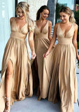 Jersey Bridesmaid Dress A-Line/Princess V-Neck Sweep Train With Split Front Pleated Waistband