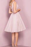 A-Line Bridesmaid Dress V Neck Sleeveless Elegant Knee Length Tulle with Pleats 2022