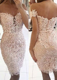 Lace Cocktail Dress Sheath/Column Off-The-Shoulder Knee-Length With Beaded - dennisdresses