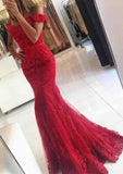 Lace Long/Floor-Length Trumpet/Mermaid Sleeveless Off-The-Shoulder Zipper Prom Dress With Appliqued Beaded - dennisdresses