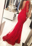 Lace Prom Dress Trumpet/Mermaid Bateau Sweep Train With Beaded - dennisdresses