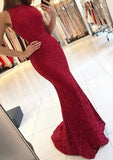 Lace Prom Dress Trumpet/Mermaid Scoop Neck Sweep Train With Waistband