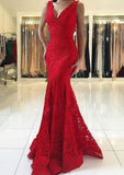 Lace Prom Dress Trumpet/Mermaid V-Neck Sweep Train With Pleated