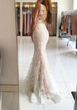 Lace Sweep Train Trumpet/Mermaid Sleeveless V-Neck Covered Button Prom Dress With Waistband - dennisdresses