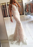 Lace Sweep Train Trumpet/Mermaid Sleeveless V-Neck Covered Button Prom Dress With Waistband