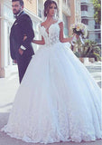 Lace Wedding Dress Ball Gown V Neck Sleeveless Chapel Train With Appliqued - dennisdresses