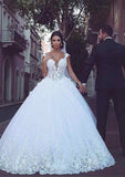 Lace Wedding Dress Ball Gown V Neck Sleeveless Chapel Train With Appliqued - dennisdresses