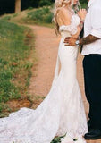 Lace Wedding Dress Sheath/Column Off-The-Shoulder Sweep Train - dennisdresses