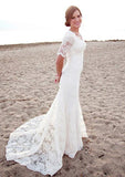 Lace Wedding Dress Sheath/Column Scalloped Neck Court Train - dennisdresses