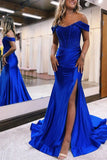 Mermaid / Trumpet Evening Gown Empire Dress Formal Court Train Sleeveless Off Shoulder Imitation Silk with Slit Appliques 2023 - dennisdresses