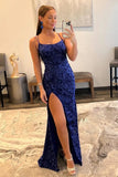 Mermaid / Trumpet Prom Dresses Formal Sweep / Brush Train Sleeveless Spaghetti Strap Sequined Backless with Sequin Slit 2023 - dennisdresses