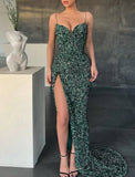 Mermaid / Trumpet Prom Dresses Sexy Dress Christmas Sweep / Brush Train Sleeveless V Neck Sequined with Sequin Slit 2023 - dennisdresses