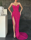 Mermaid / Trumpet Prom Dresses Sexy Dress Christmas Sweep / Brush Train Sleeveless V Neck Sequined with Sequin Slit 2023 - dennisdresses