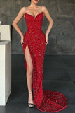 Mermaid / Trumpet Prom Dresses Sexy Dress Christmas Sweep / Brush Train Sleeveless V Neck Sequined with Sequin Slit 2023 - dennisdresses