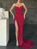 Mermaid / Trumpet Prom Dresses Sexy Dress Christmas Sweep / Brush Train Sleeveless V Neck Sequined with Sequin Slit 2023 - dennisdresses