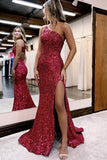 Mermaid / Trumpet Prom Dresses Sparkle & Shine Dress Formal Court Train Sleeveless One Shoulder Sequined with Sequin Slit 2023 - dennisdresses