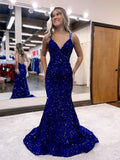 Mermaid / Trumpet Prom Dresses Sparkle & Shine Dress Formal Court Train Sleeveless V Neck Sequined Backless with Sequin 2023 - dennisdresses